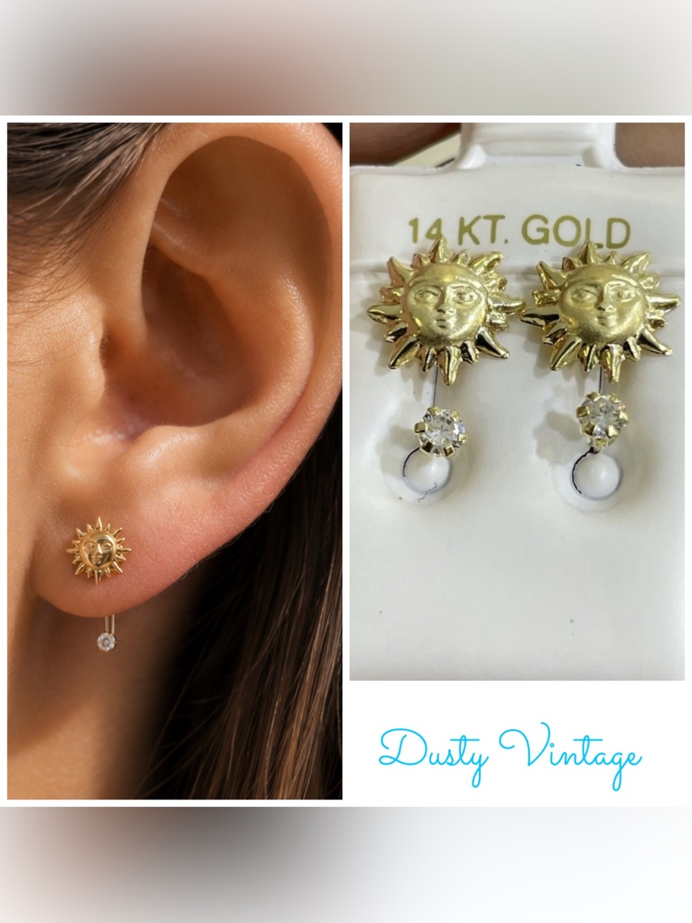 14K Gold Kirks Folly Style Sun Face Stud Telephone Earrings with Cubic Zirconia